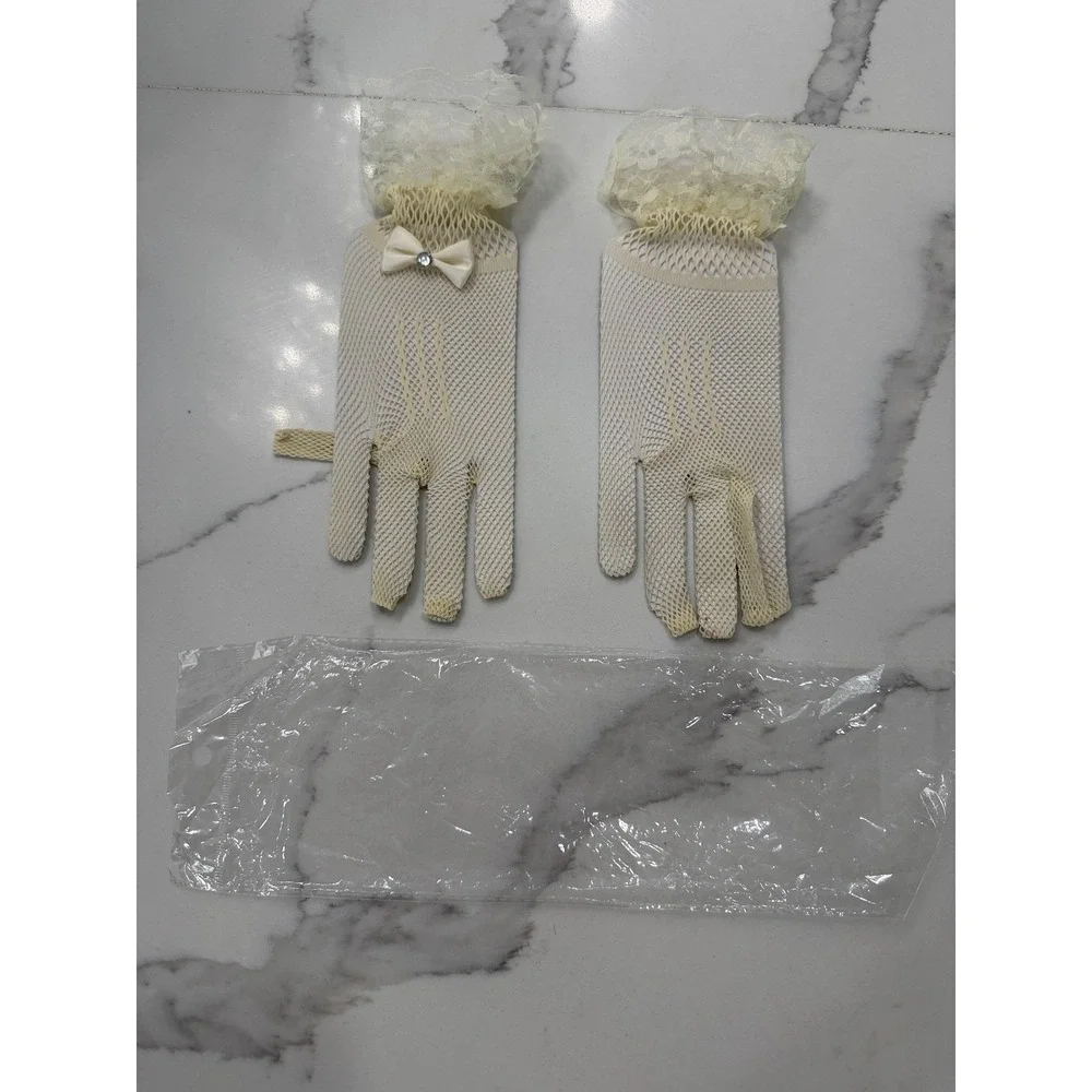 Gloves Girls One Size White Lace Fishnet Bow Fingerless Dress Spring Communion